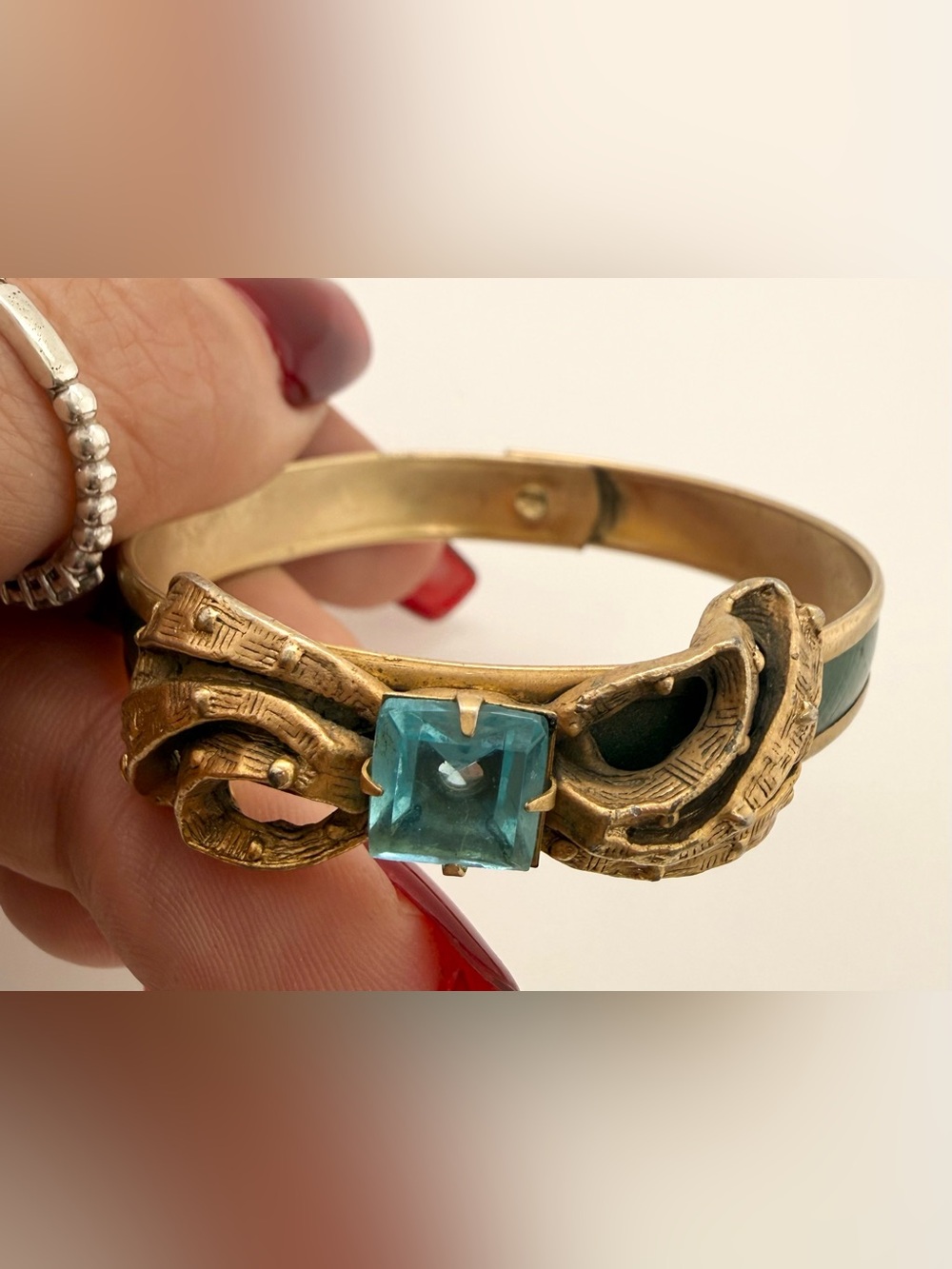Victorian Antique Blue Czech Glass Rhinestone Gold Filled Bow Bangle Bracelet